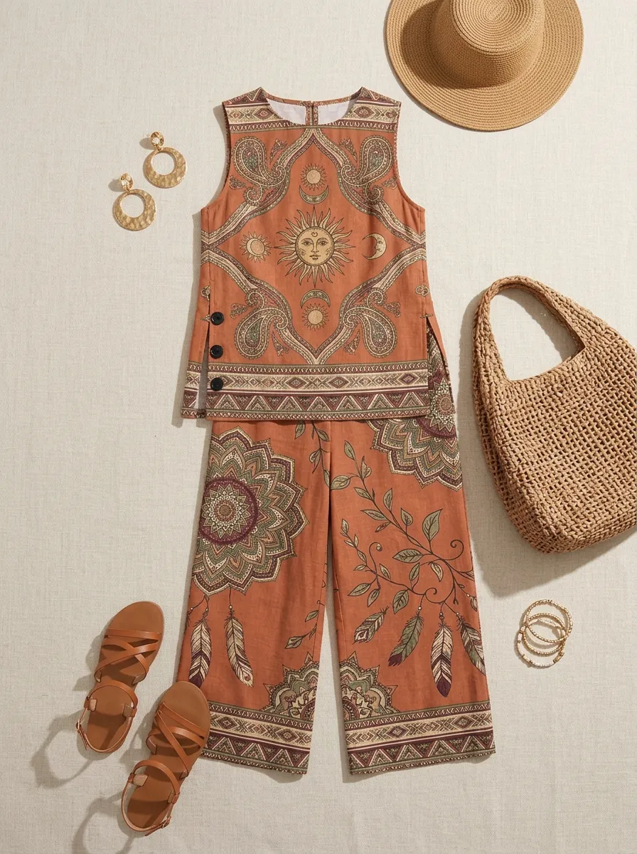 Women's Bohemian Sun Mandala Feather Printed Sleeveless Set