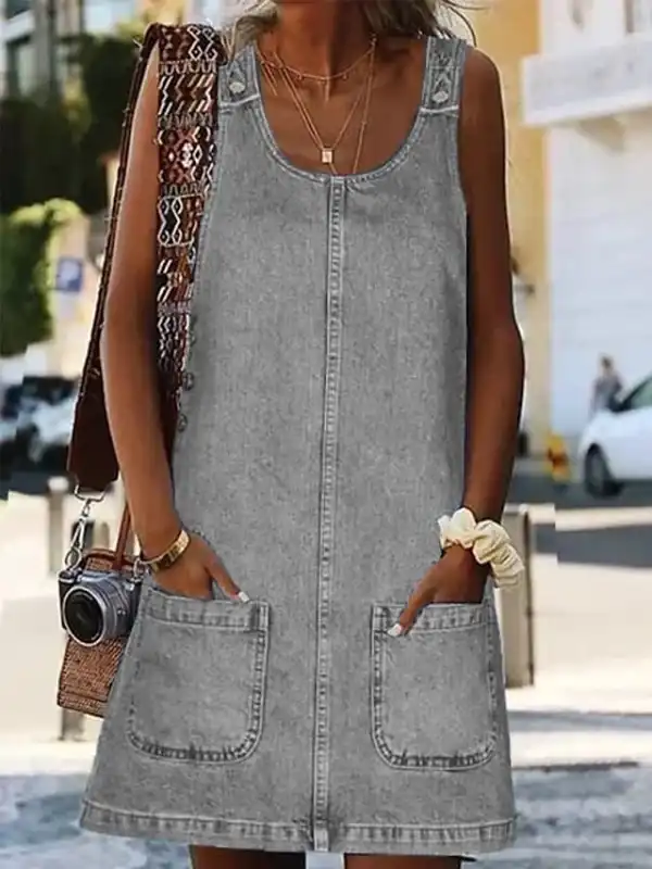 Women's Casual Dress Shift Dress Denim Overall Pinafore Dress Mini Dress Denim Fashion Modern Outdoor Daily Vacation U Neck Pocket Sleeveless Summer Spring 2026 Regular Fit Black Blue Gray Plain S M