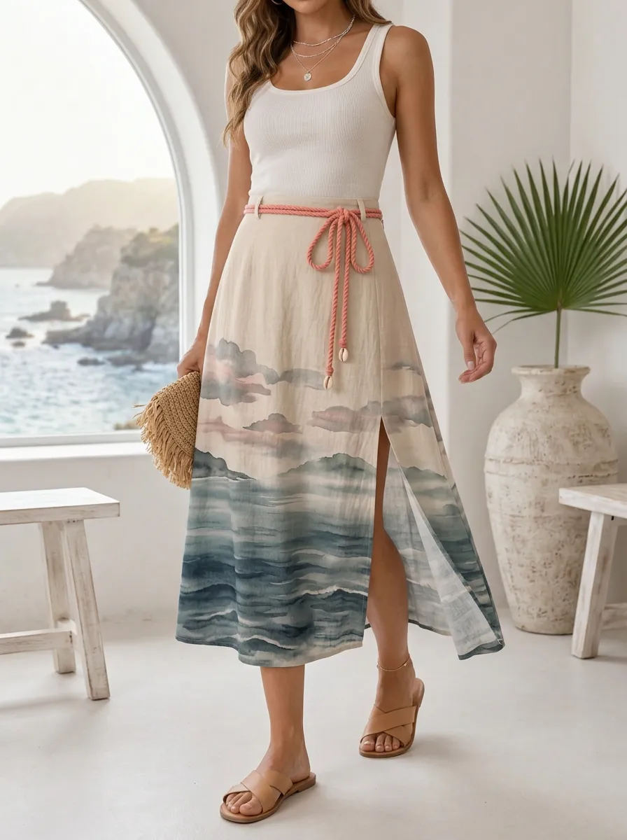 Women's Landscape Print Midi Skirt With Rope Belt