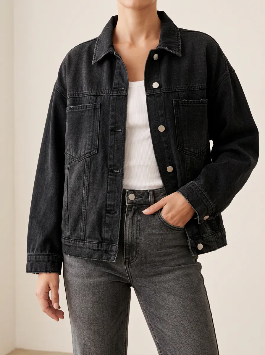 Women's Casual Denim Jacket with High Neck Short Sleeve Detail