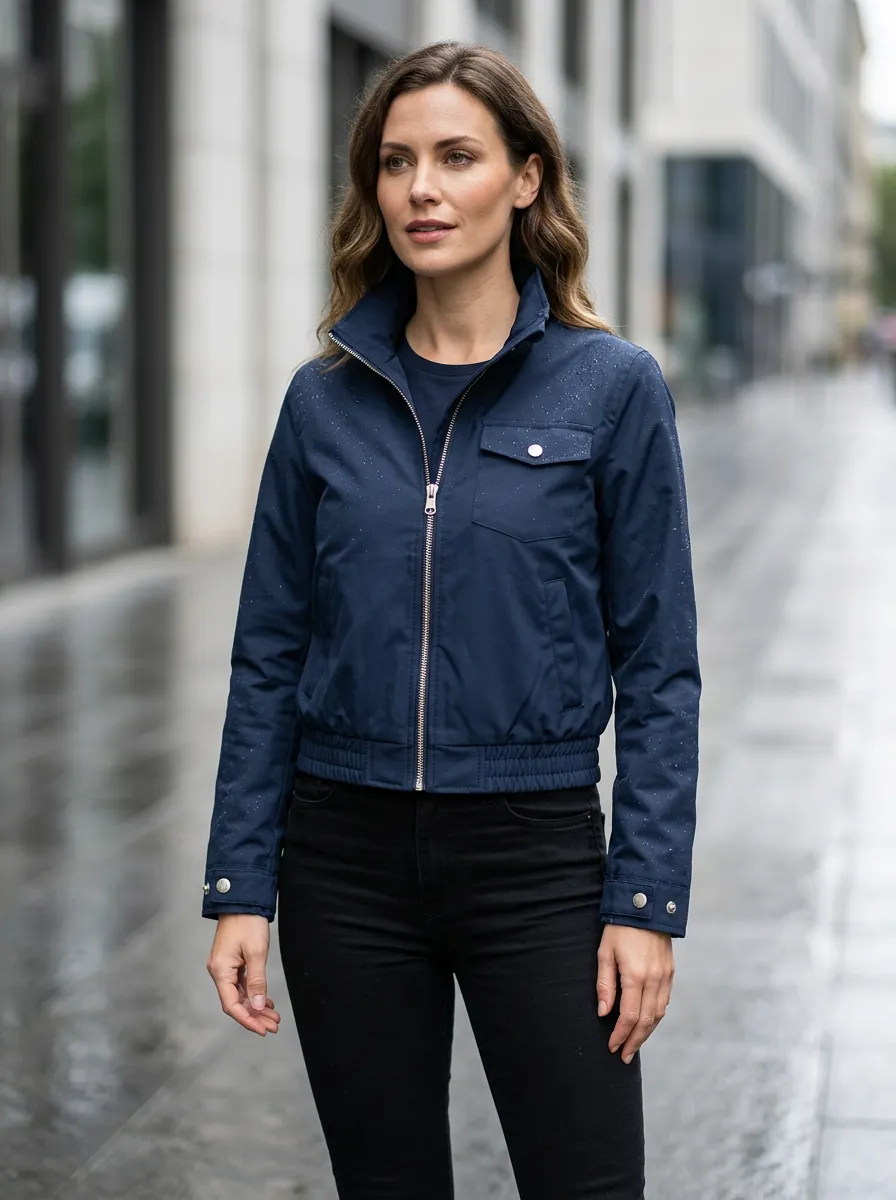 Women's Navy Blue Solid Color Waterproof Jacket