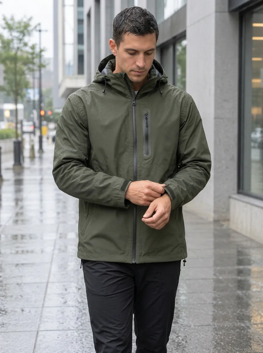 Men's Olive Green Waterproof Hooded Jacket with a Hood and Adjustable Cuffs and a Chest Pocket