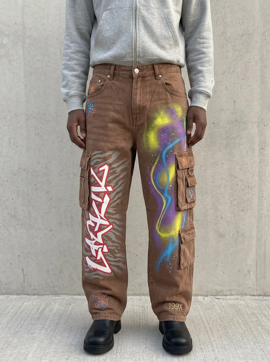 Men's Streetwear Graffiti Zebra Print Airbrush Graphic Cargo Jeans