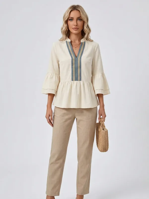 Boho Embroidered V-Neck Printed Peplum Top