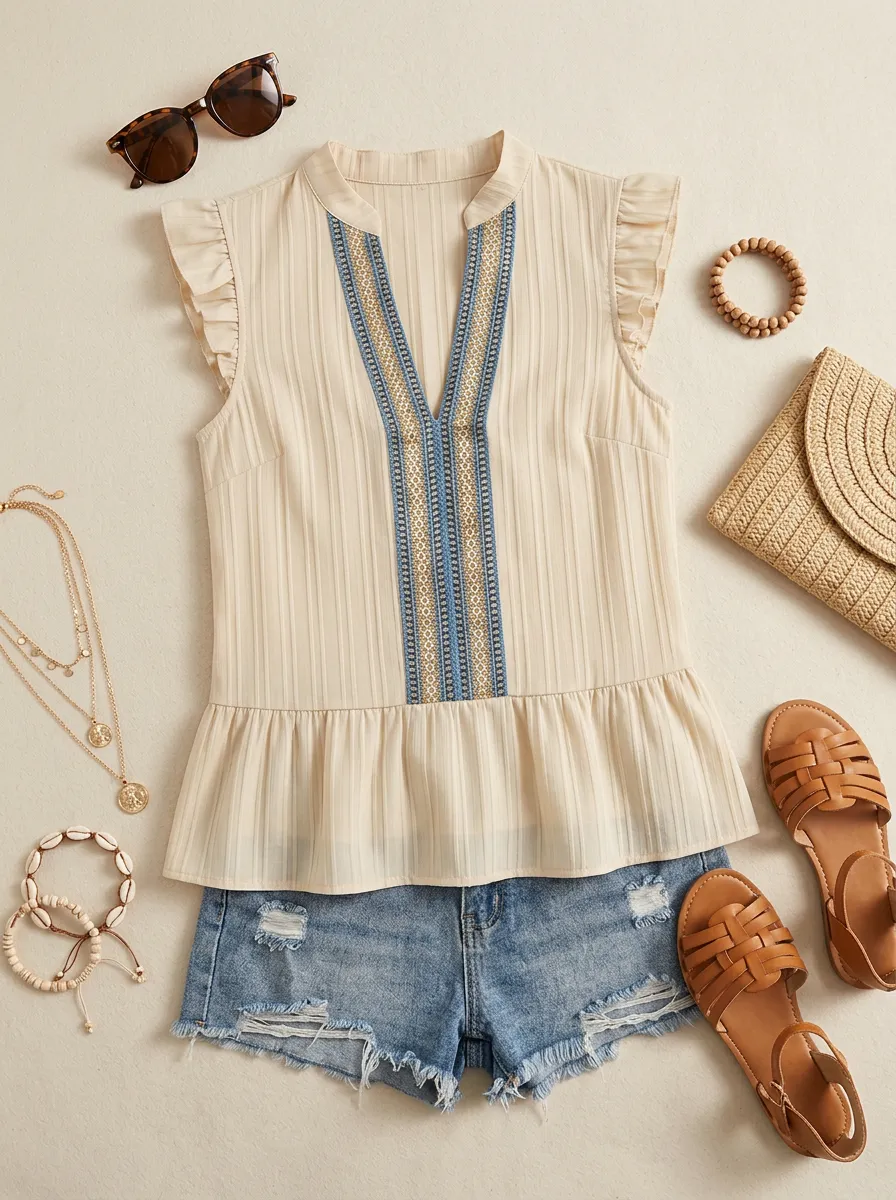 Boho Embroidered V-Neck Ruffle Trim Printed Top