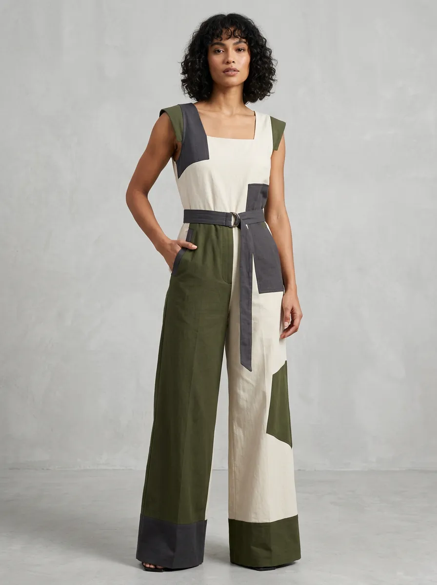 Women's Patchwork Colorblock Belted Sleeveless Jumpsuit