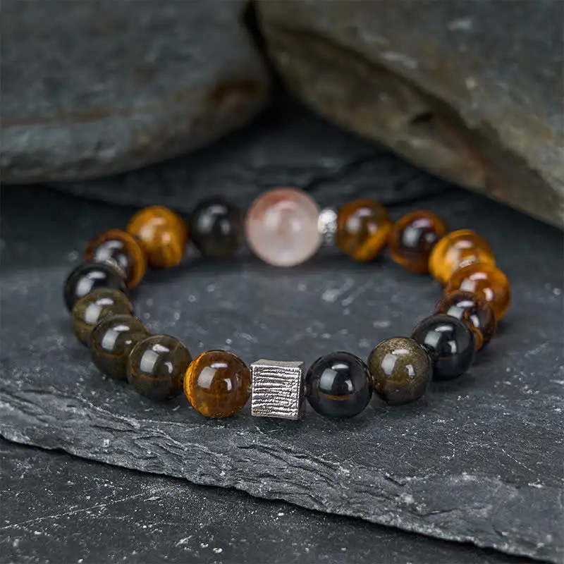 Tiger Eye Obsidian Inclusion Quartz Bead Bracelet