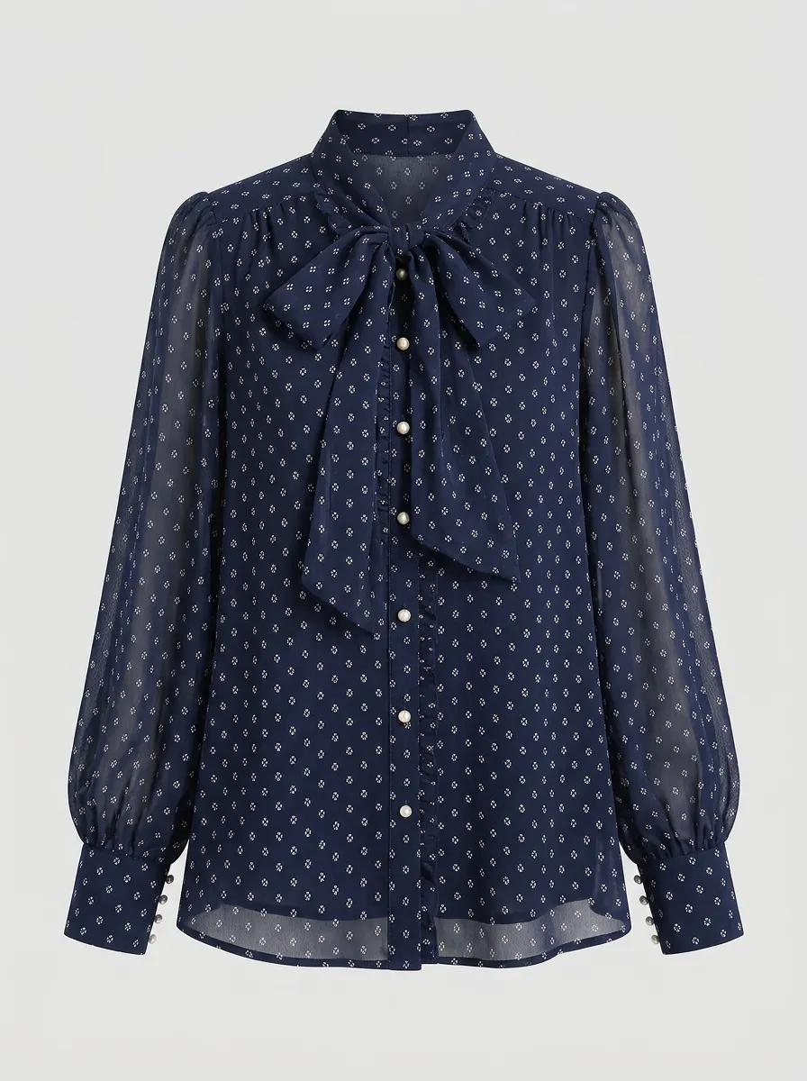 Women's Vintage Bow Tie Polka Dot Printed Chiffon Blouse