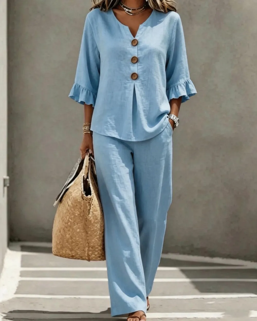 Vacation Two-Piece Set Ruffle Sleeve Top Button Relaxed Outfit