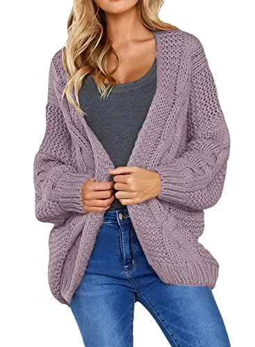 Womens Open Front Long Sleeve Chunky Knit Cardigan Sweaters Loose Outwear Coat