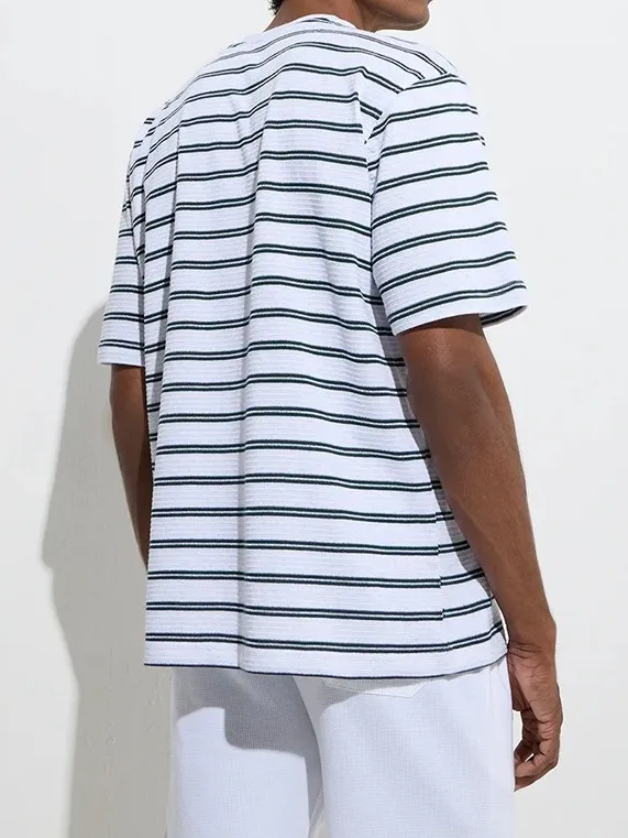 Striped Light Grey Cotton Blend T-Shirt