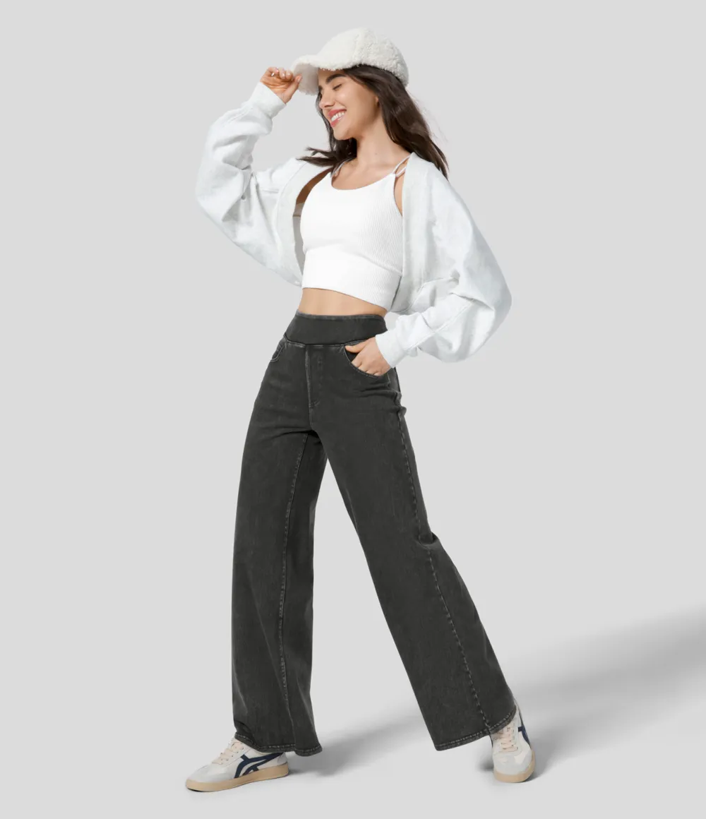 Magic High Waisted Multiple Pockets Wide Leg Stretchy Knit Casual Thermal Jeans