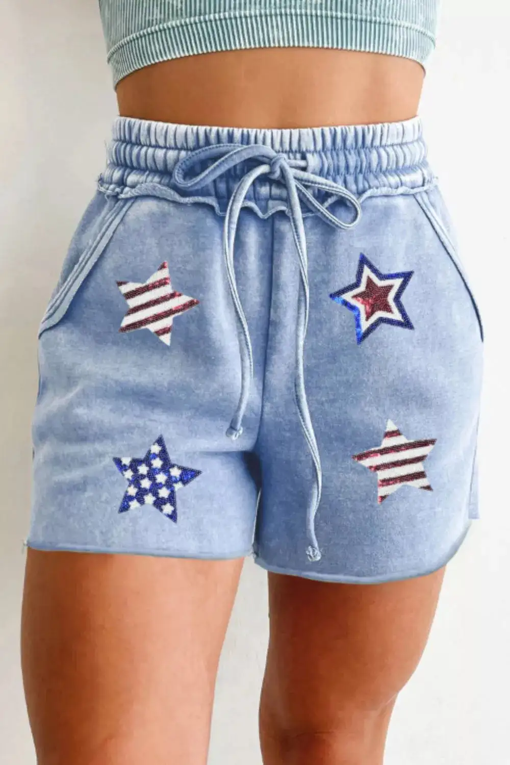 Sequin Star Print Drawstring Shorts
