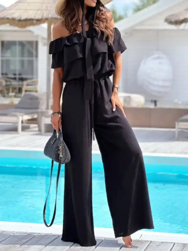 Shoulder Ruffled Wide Leg Jumpsuit