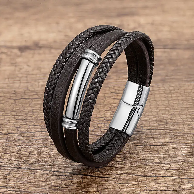 Multi Layered Simple Design Leather Titanium Steel Bracelet