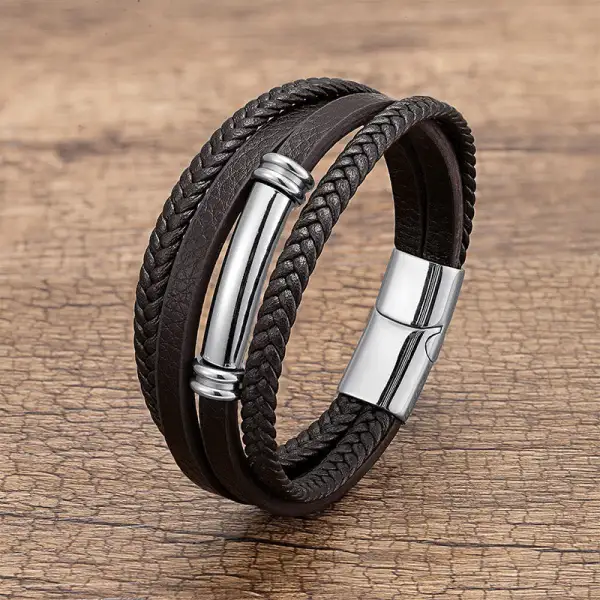Multi Layered Simple Design Leather Titanium Steel Bracelet
