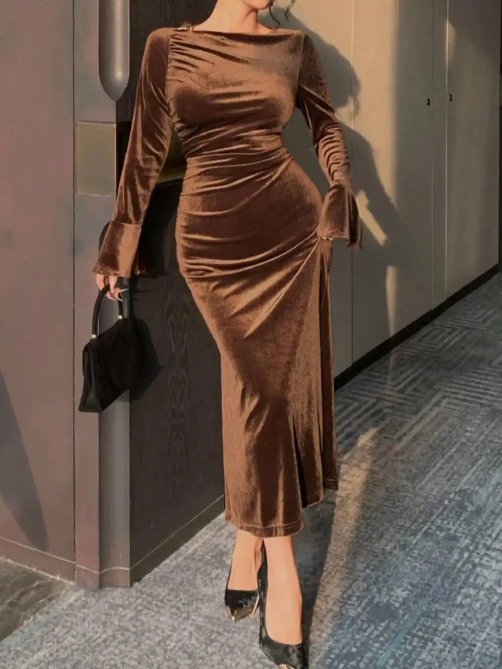 Velvet Ruched Midi Dress