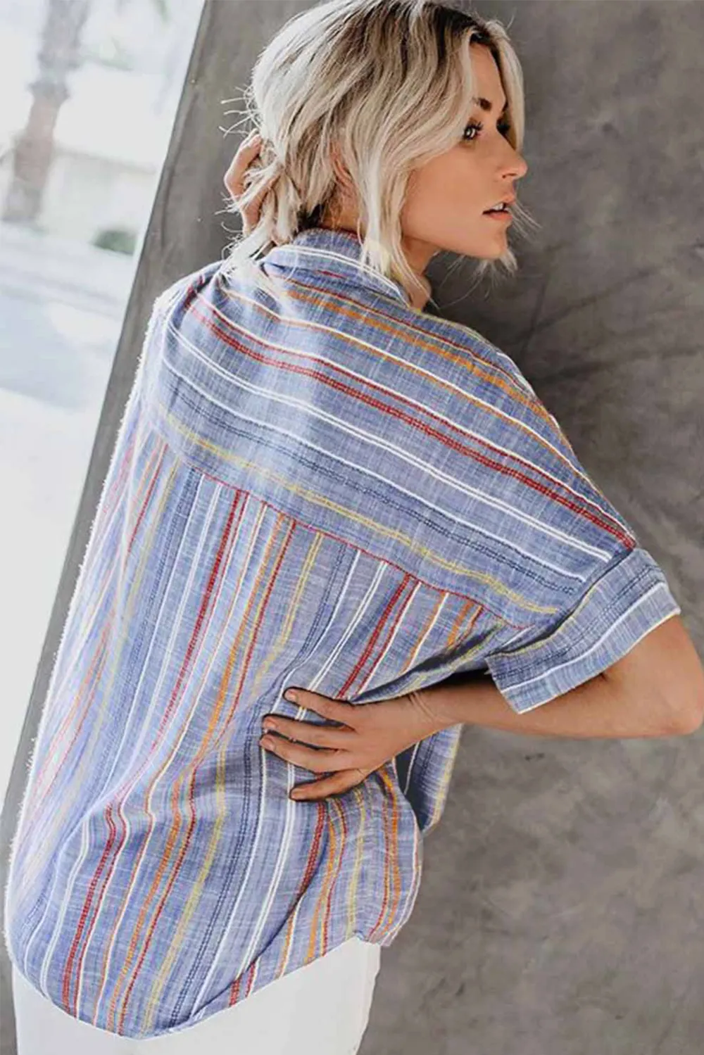 V Neck Stripes Roll Up Shirt