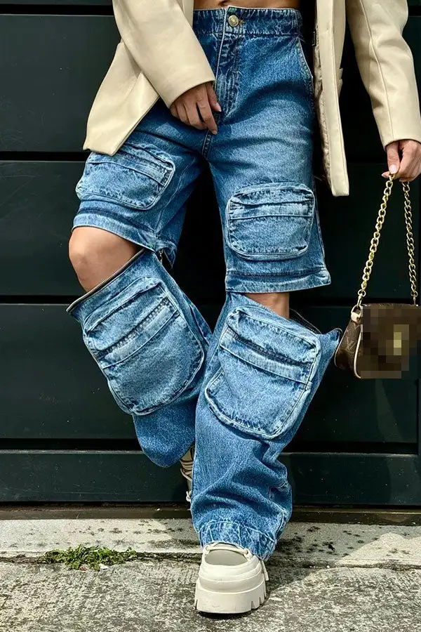 Blue Retro Multi-Pocket Zip-Up Detachable Jeans