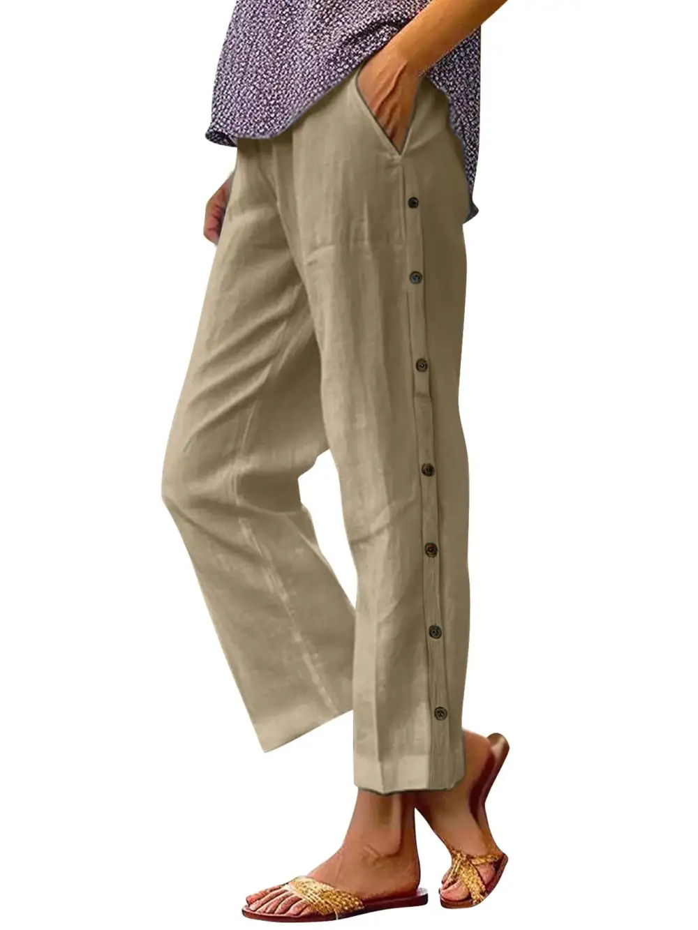 Wide Leg Button Detail Pocketed Pants