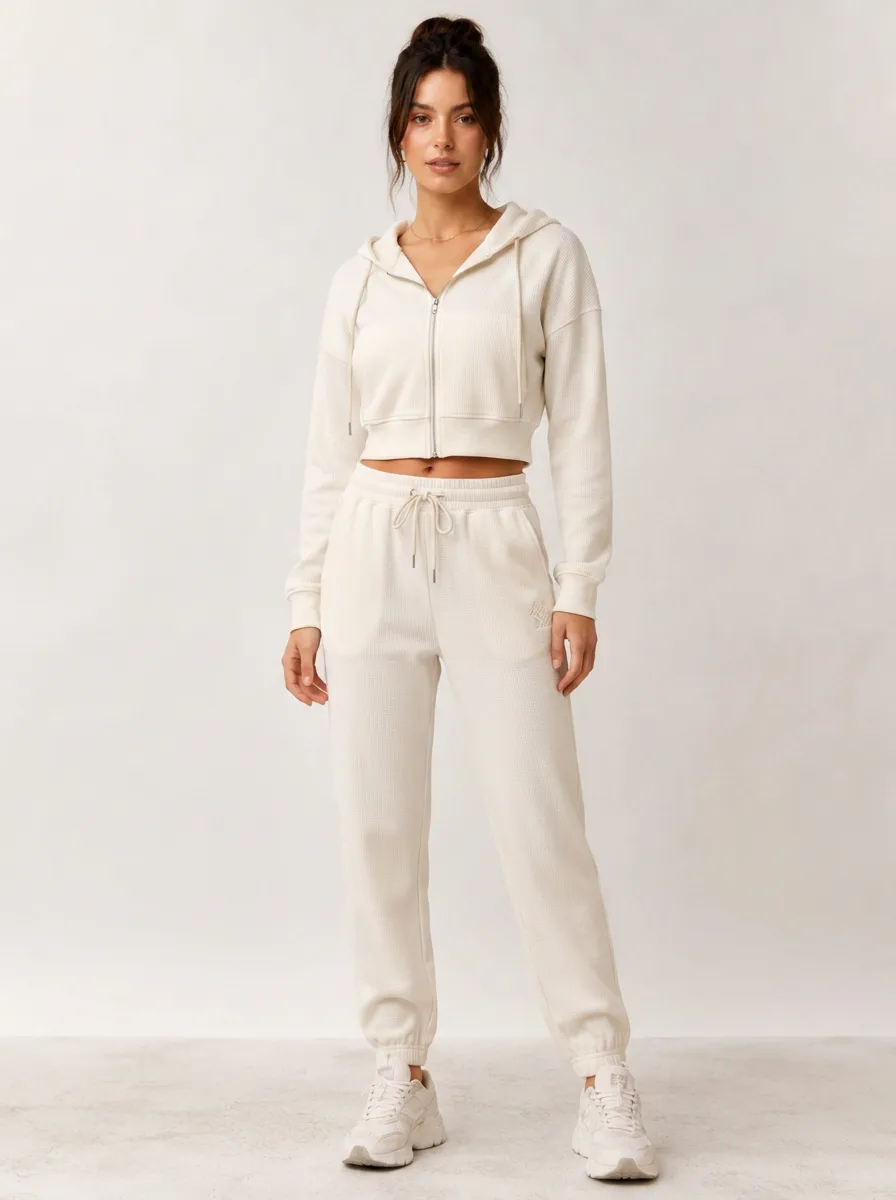 Women's Casual Sporty Waffle Knit Zip-Up Crop Hoodie Jogger Set