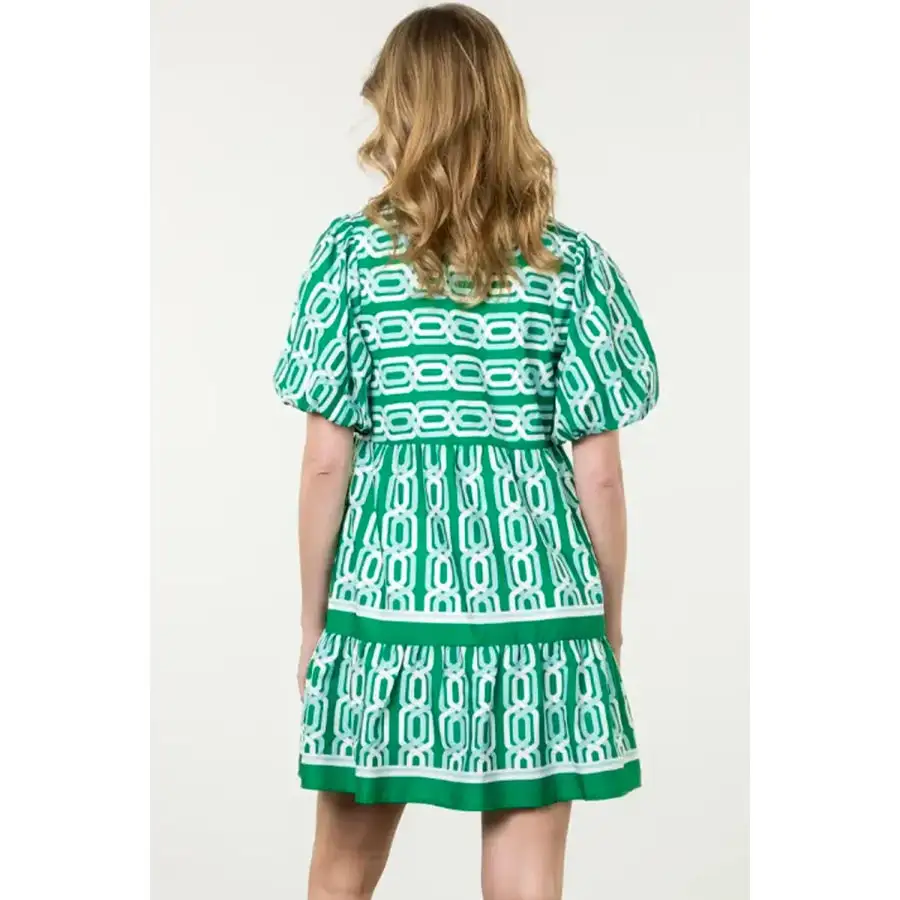 Abstract Patterned V Neck Puff Short Sleeve Mini Dress
