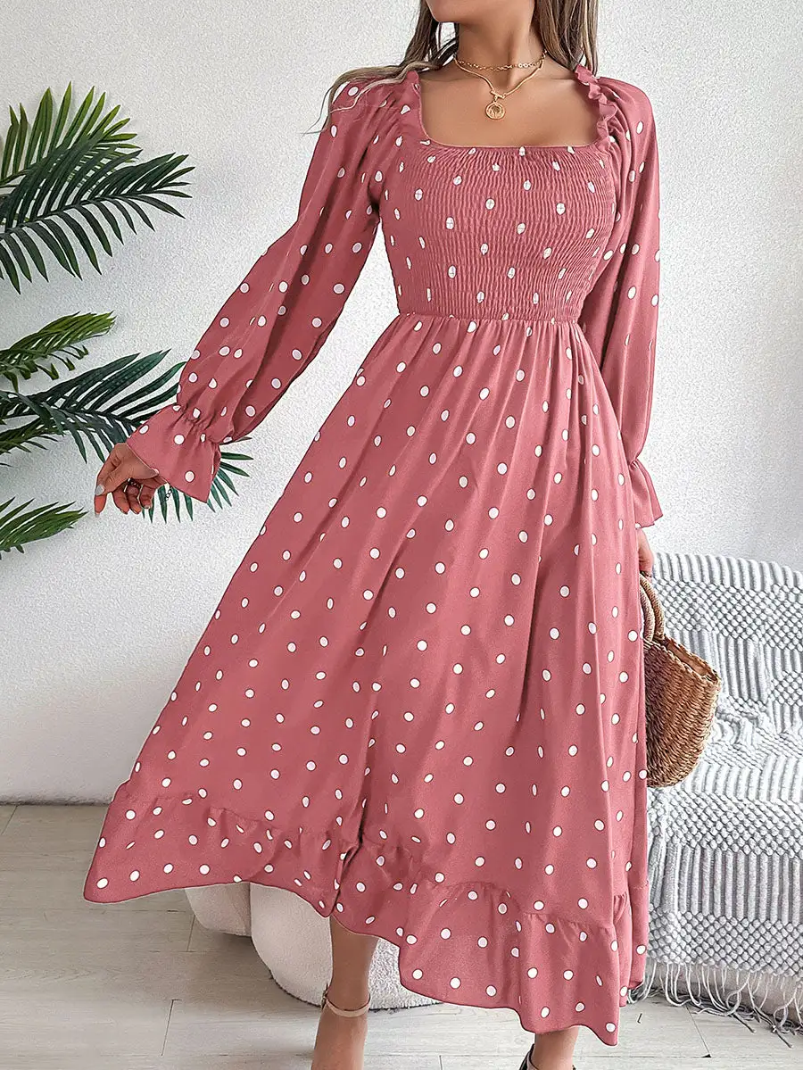 Pleated Ruffled Polka Dot Long Neck Shirt