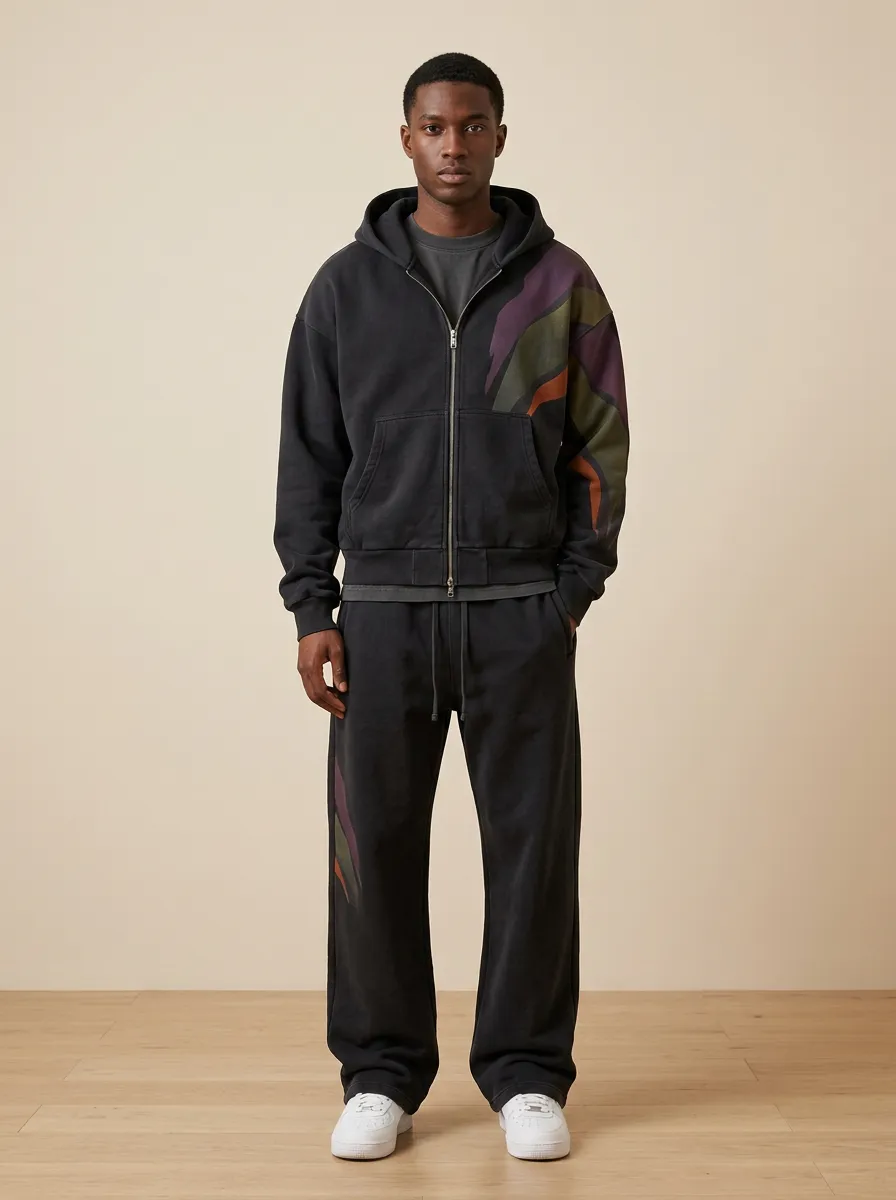 Men's Abstract Wave Pattern Printed Zip-up Hoodie Sweatsuit