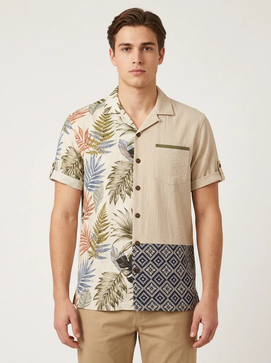 Men's Tropical Fern Geometric Patchwork Printed Shirt
