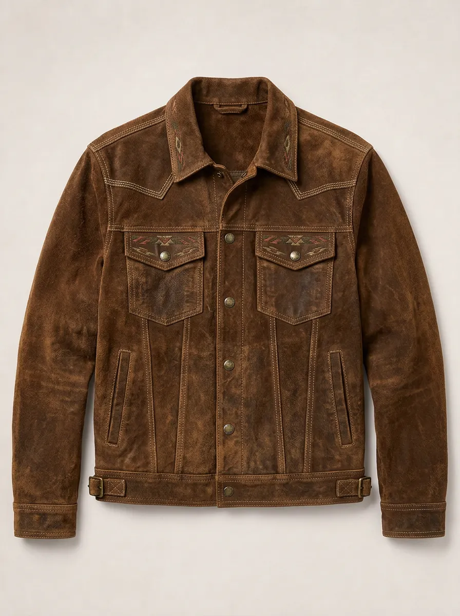 Men's Western Style Southwest Pattern Embroidered Suede Jacket