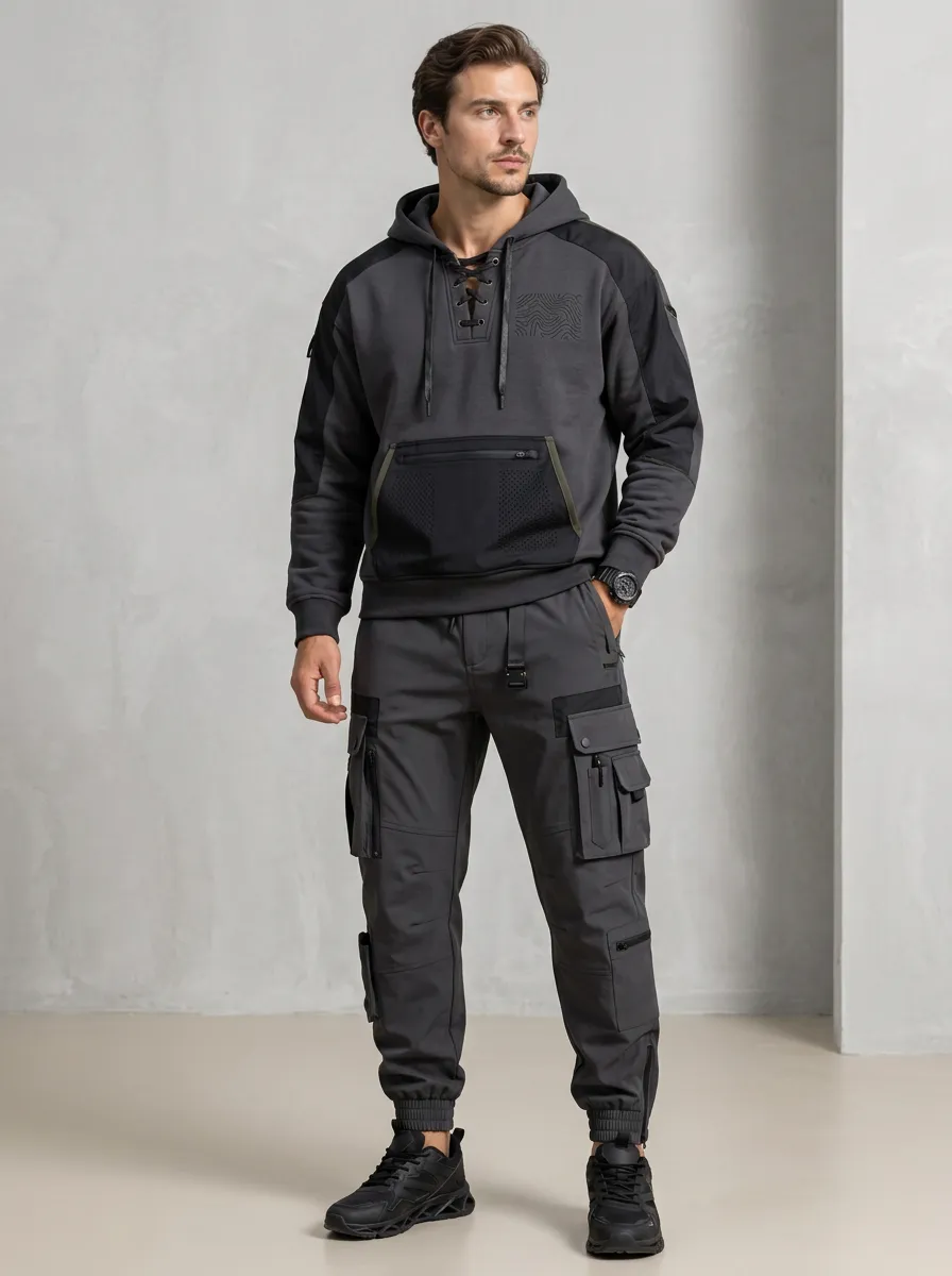 Trail-Inspired Lace-Up Topographic Style Men's Lace Up Hoodie And Cargo Jogger Set