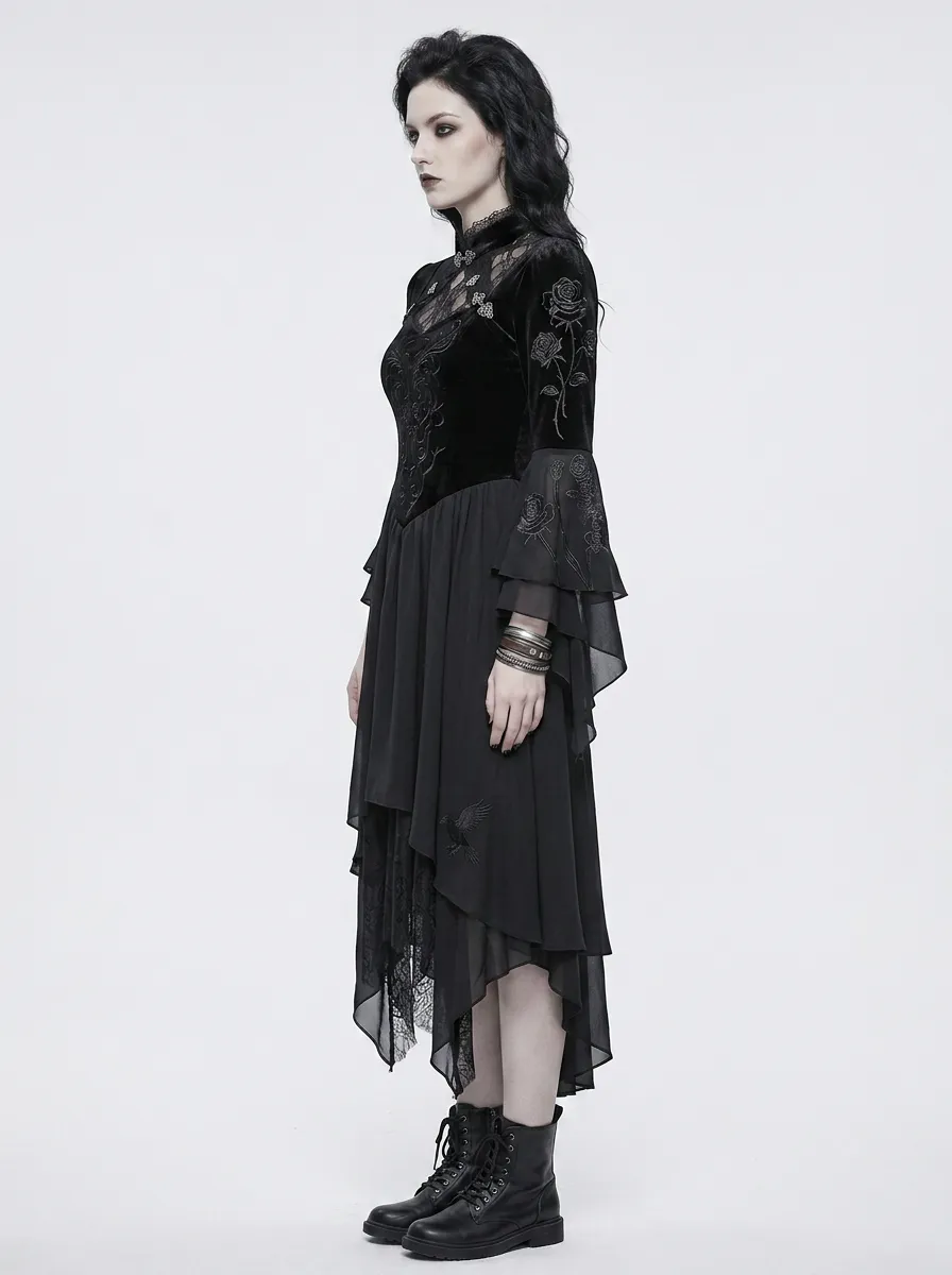 Women's Gothic Rose and Raven Embroidered Velvet Printed Top