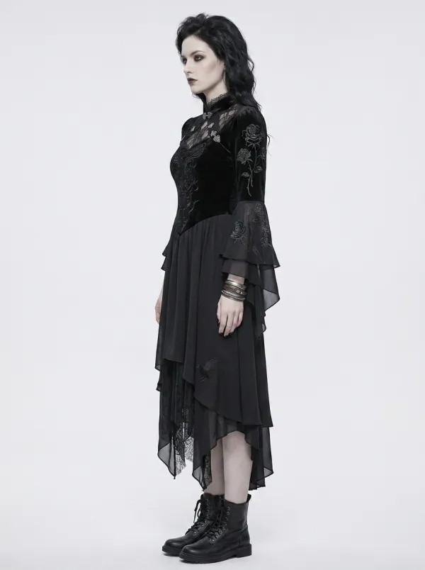 Women's Gothic Rose and Raven Embroidered Velvet Printed Top