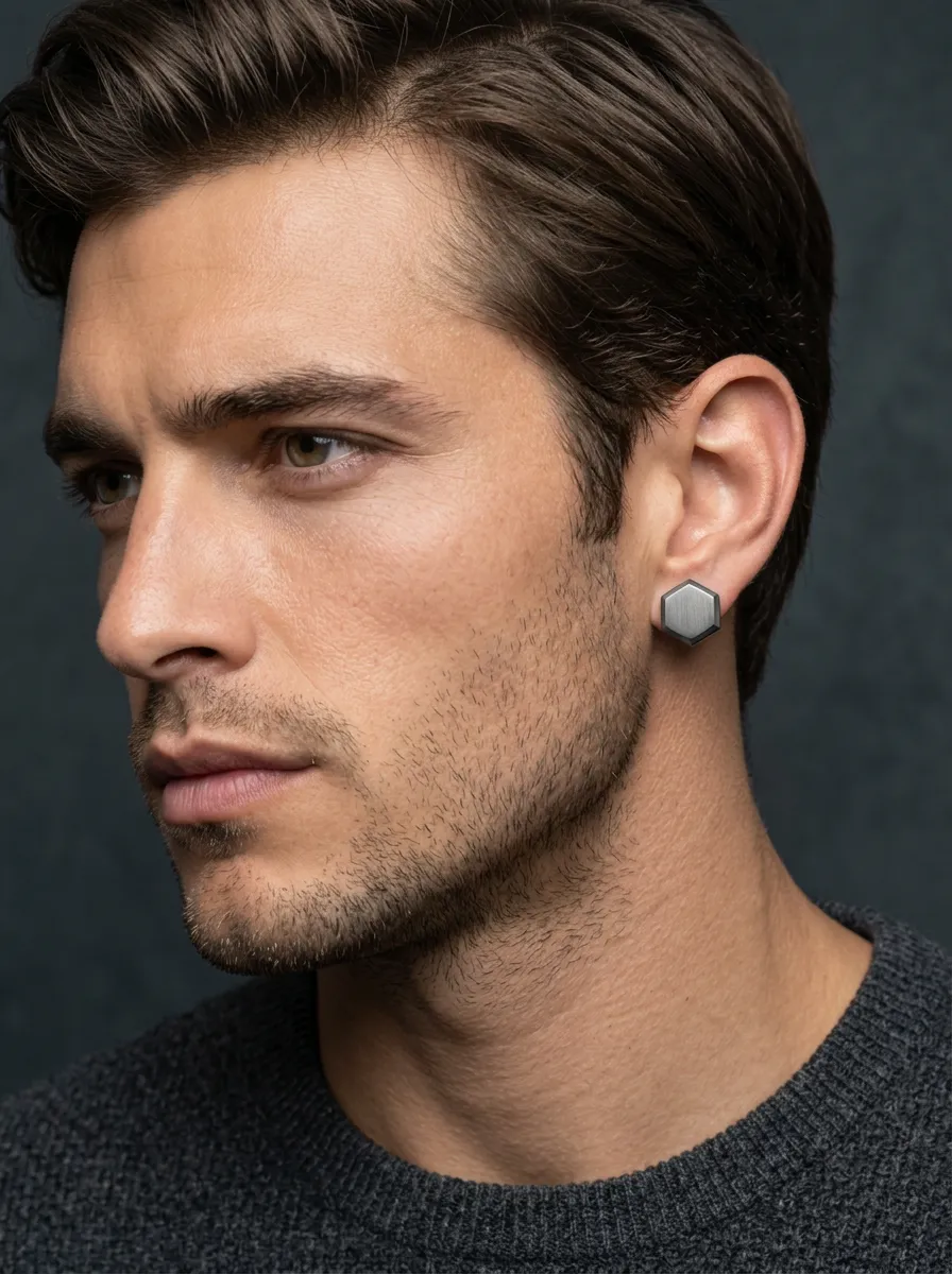 Men's Sculpted Geometric Hexagon Brushed Metal Stud Earrings