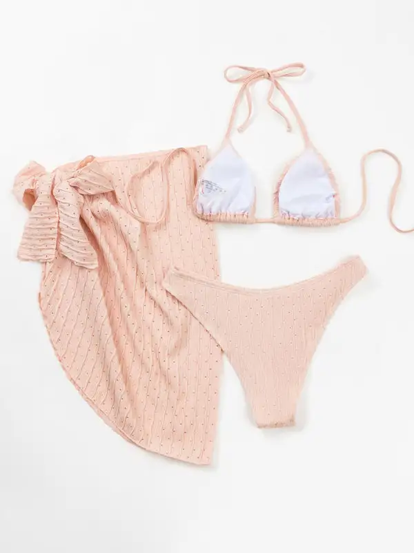 Lace Up Textured Layered Bikini Swim Set