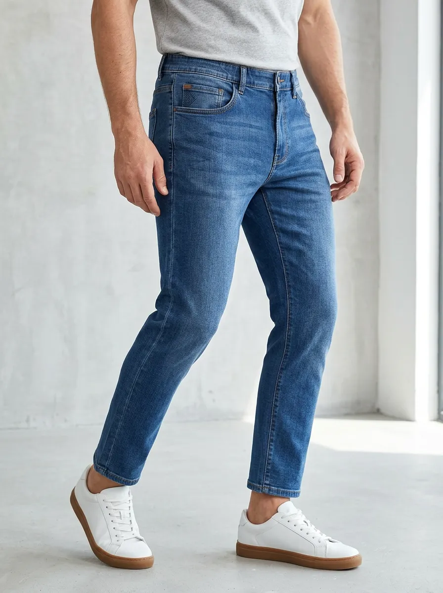 Men's Casual Fashion Blue Washed Stretch Denim Jeans