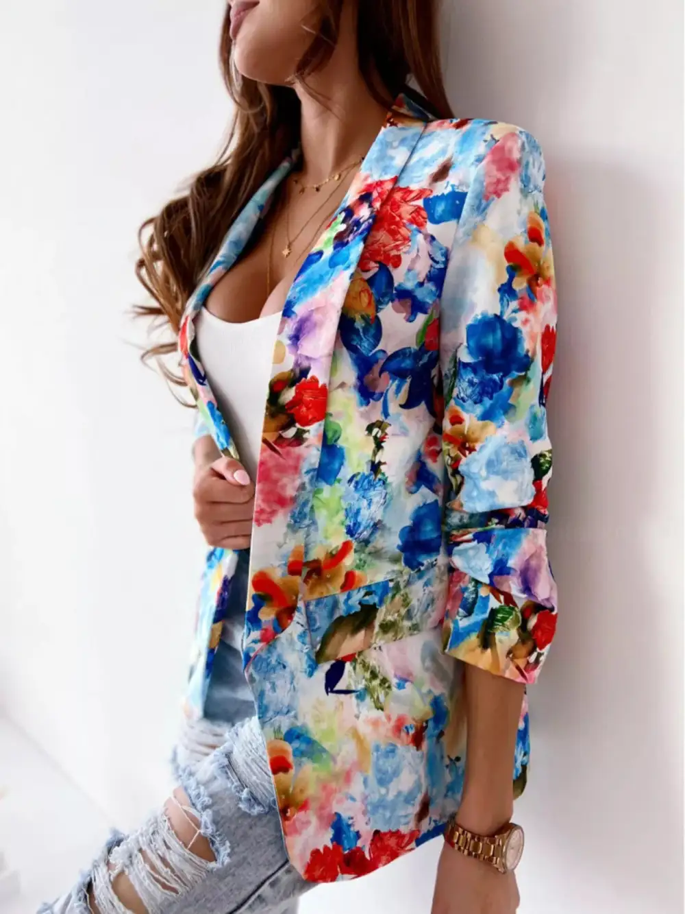 Open-Front Floral-Print Blazer