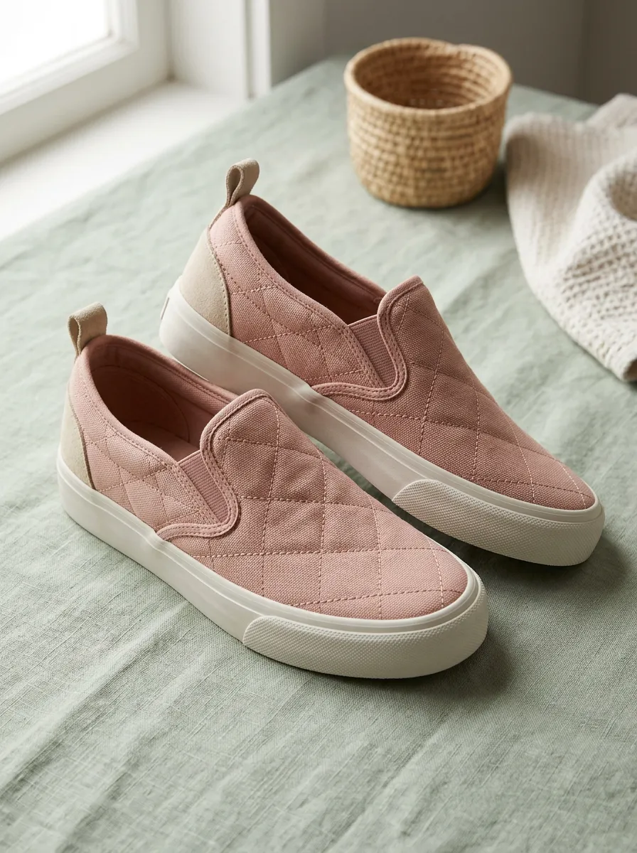 Women's Casual Pink Quilted Pattern Printed Slip-on Shoes