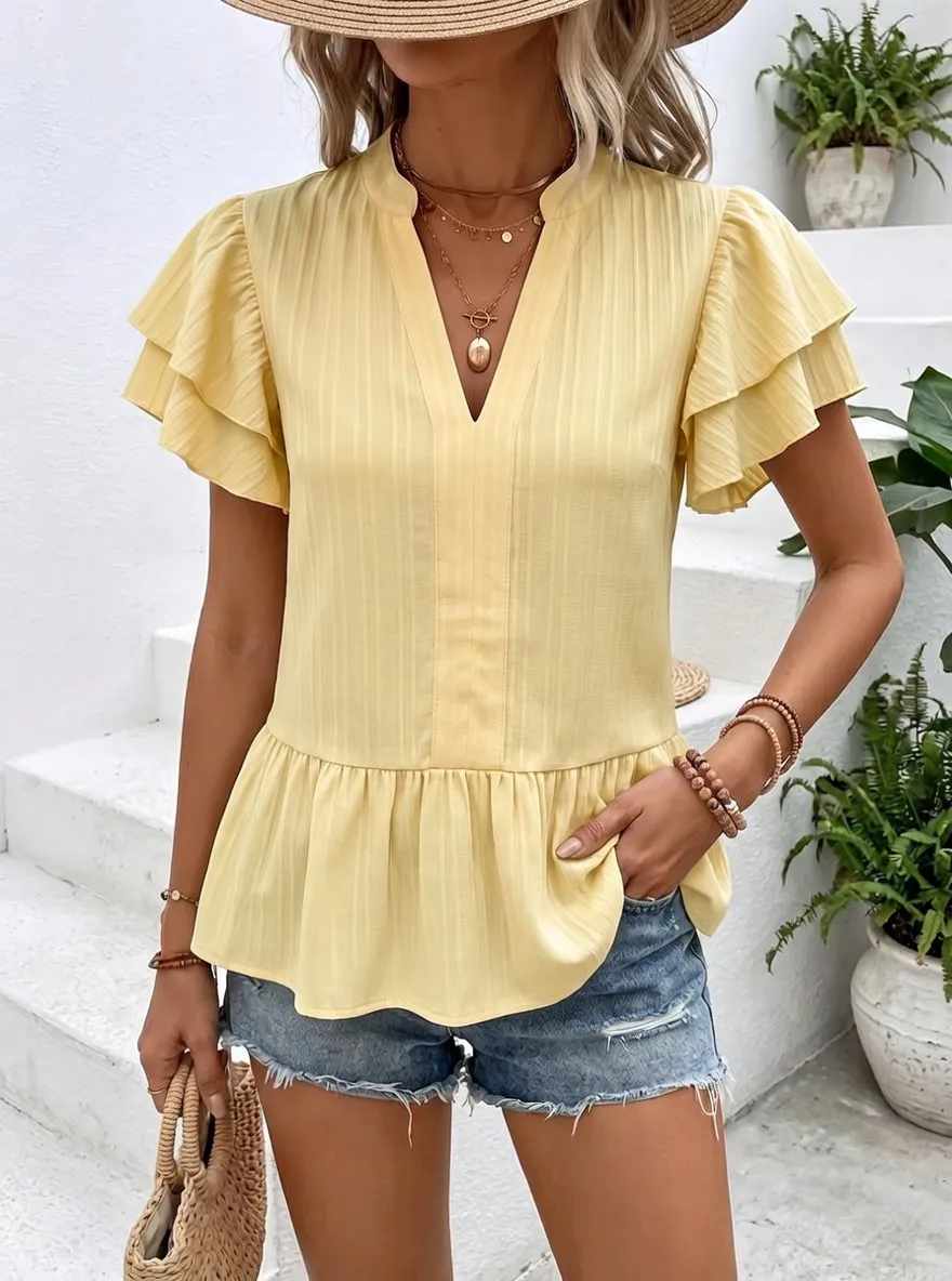 V-Neck Ruffle Sleeve Textured Peplum Top