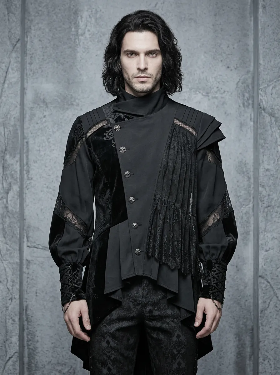 Heritage Victorian Lace Velvet Darkwear Style Men's Gothic Asymmetric Shirt