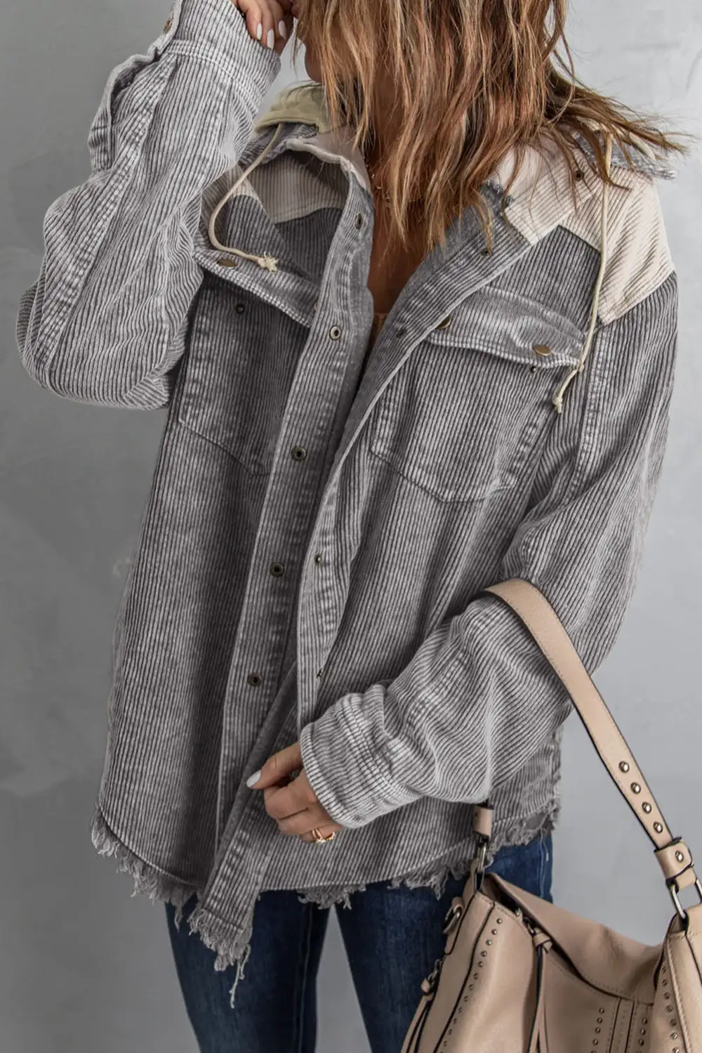 Women's Colorblock Button Down Hooded Corduroy Jacket