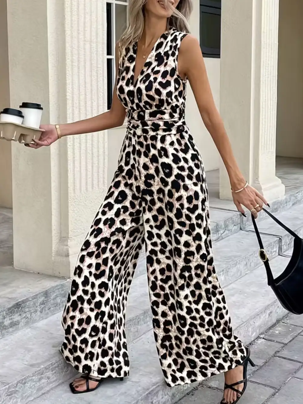 Sleeveless V Neck Leopard Print Wide Jumpsuit