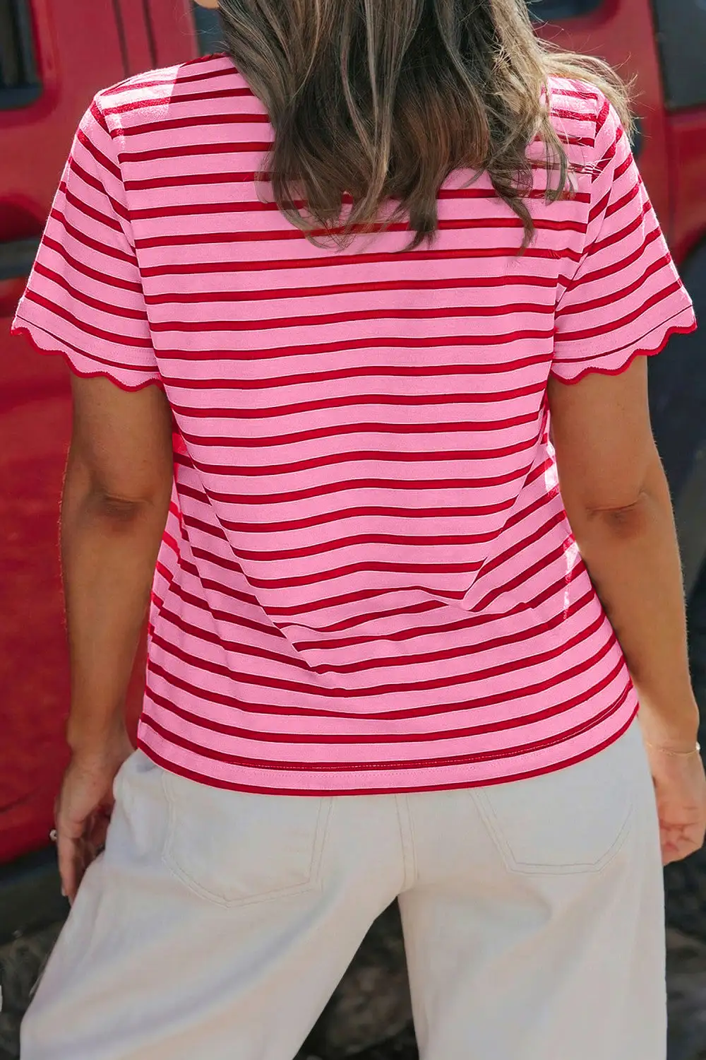 Striped Scalloped Trim Round Neck T Shirt