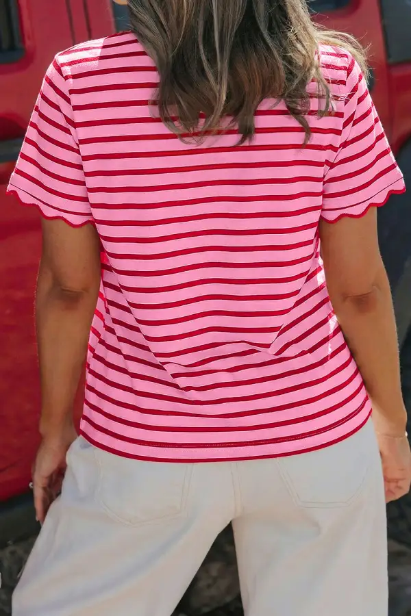 Striped Scalloped Trim Round Neck T Shirt