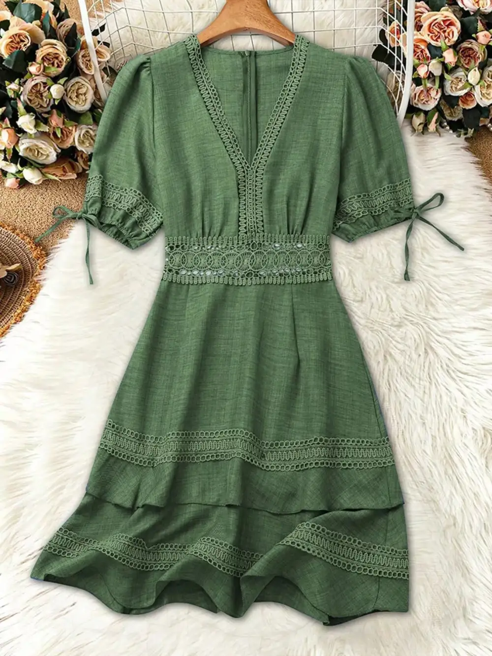 Modern Everyday Lace Detail V-Neck Mini Dress