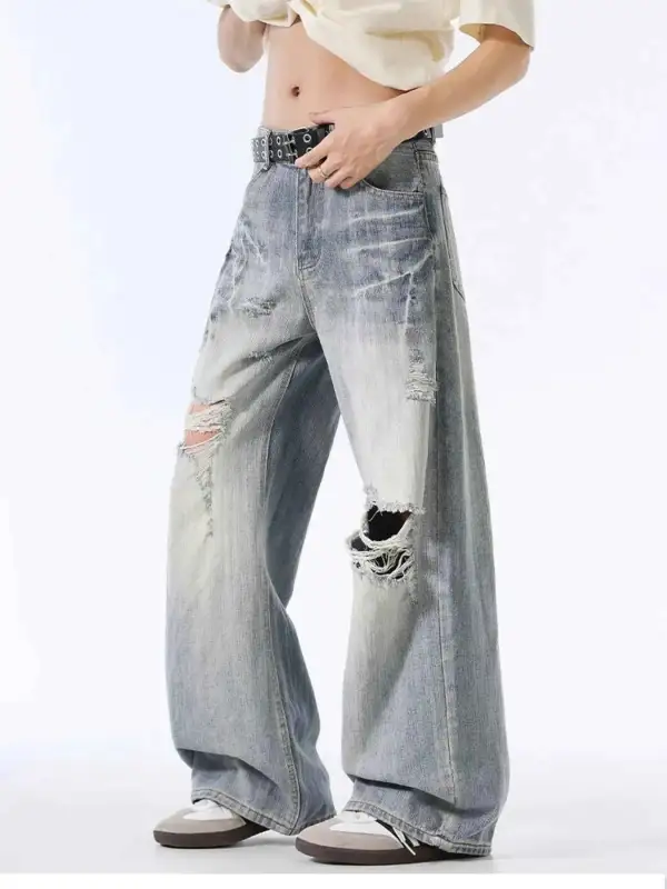 Distressed Wide Leg Vintage Wash Jeans