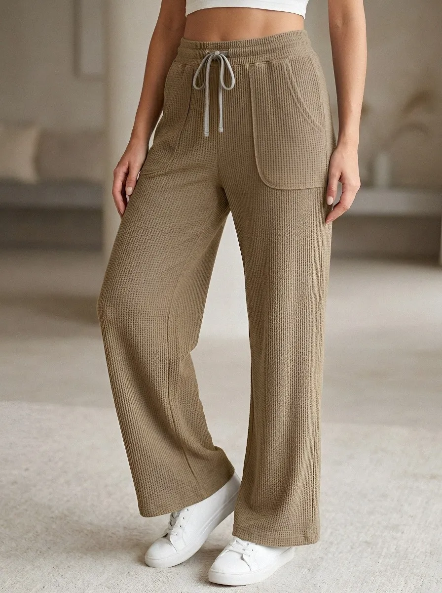 Women's Casual Waffle Knit Drawstring Wide Leg Pants