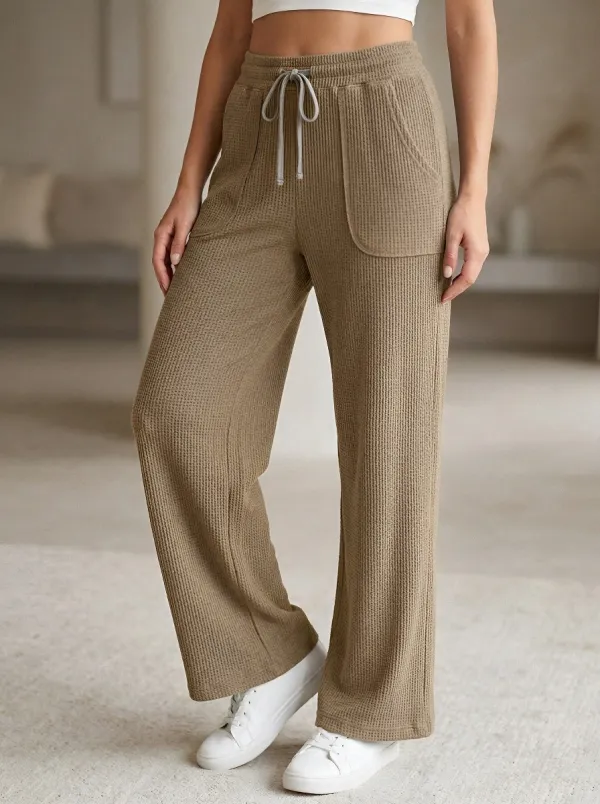 Women's Casual Waffle Knit Drawstring Wide Leg Pants