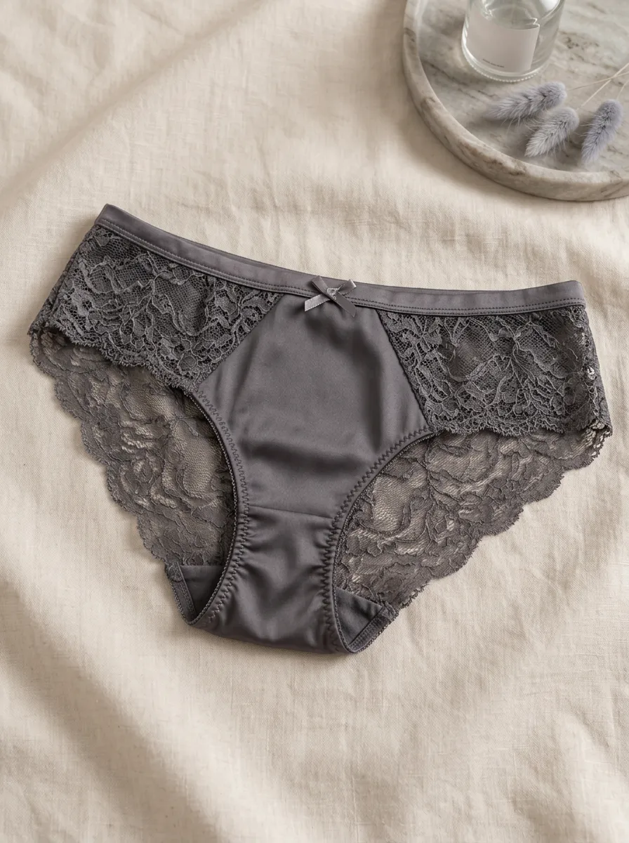 Women's Grey Floral Lace Trimmed Bowknot Panties