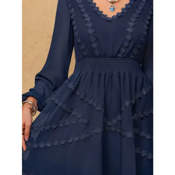Lace Detail V-Neck Balloon Sleeve Mini Dress